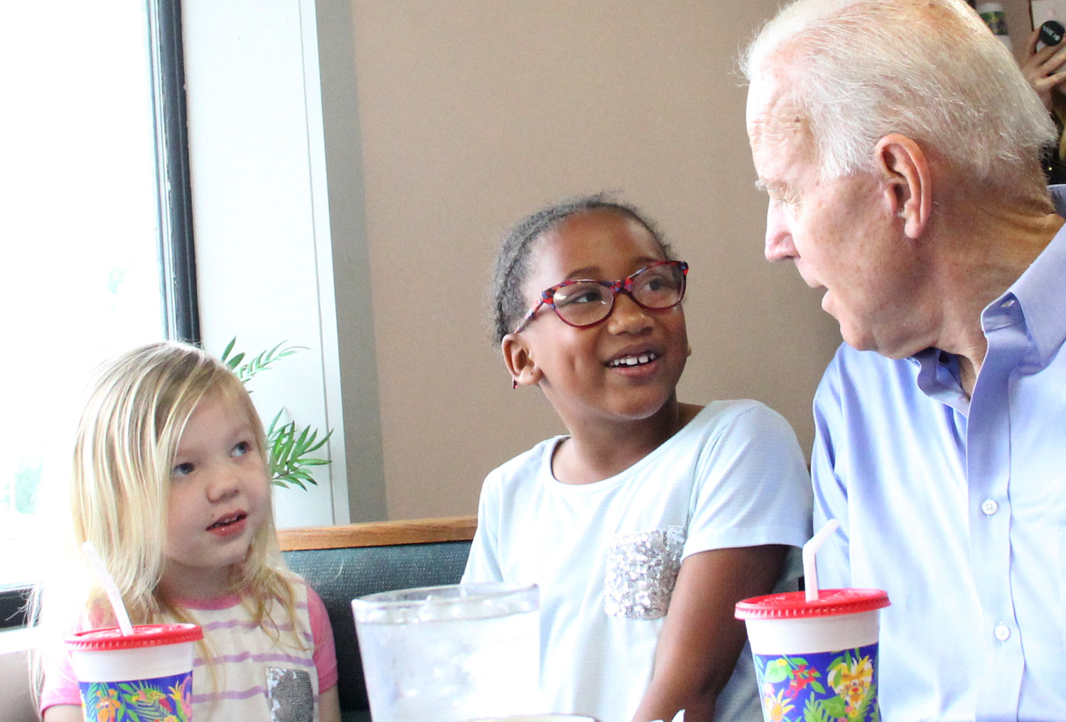 Biden greets Miriam and Cleo Bowers at Eldridge's Tasty Cafe, June 12, 2019.