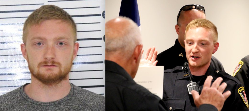Andrew Denoyer's Scott County jail photo. Right: Denoyer is sworn in as an Eldridge officer in 2020.