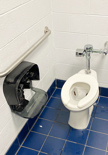When vandals from Columbus High School struck the Durant men's restroom during a volleyball match Oct. 18, they did a lot of damage in a short time, including breaking toilet paper dispensers and putting the unused rolls in the toilets.