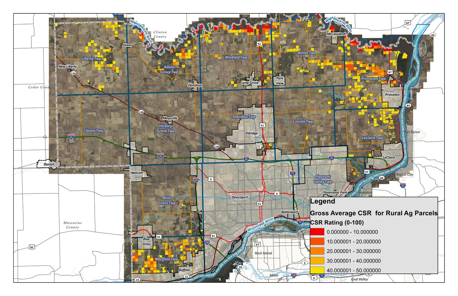This map shows areas of the county with corn suitability ratings of 50 or less. Scott County Planning and Zoning Commissioners are considering an ordinance that limits solar panel farms to the county's worst, privately owned farmland.