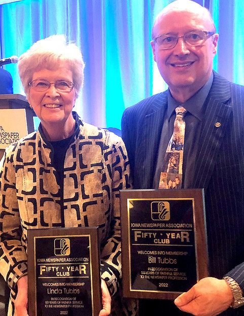 Index owners Linda and Bill Tubbs were honored at this year's Iowa Newspaper Association Awards Night, earning the "50 Year Club" for five decades of service in the newspaper business to the communities they serve. The couple also own the North Scott Press in Eldridge and The Advocate News in Wilton/Durant.