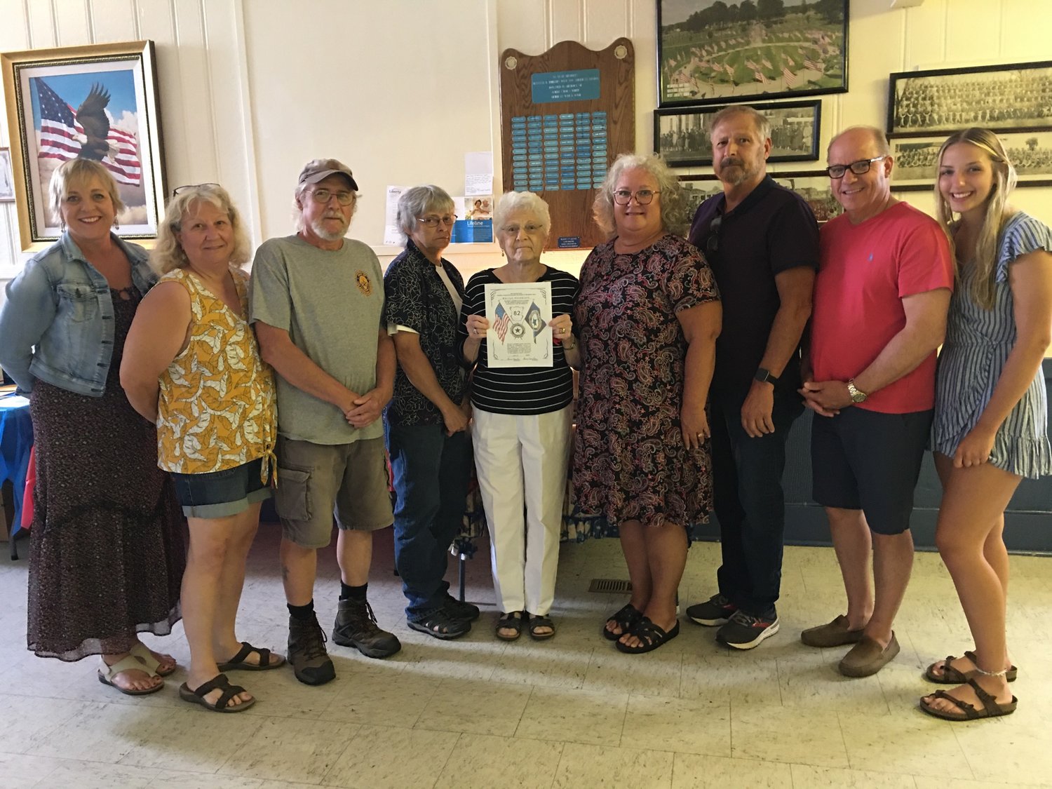 Jackie Henderson, Annette Henderson, Jeff Henderson, Dee Goldsberry, Marilyn Henderson, Melody Henderson, Mark Henderson, Scott Henderson and Mylei Henderson attended the 100th anniversary of the West Liberty Mansell Phillips Unit #509 American Legion Auxiliary on Sunday, June 12. Marilyn was presented a certificate for her 82 years of membership in the auxiliary. Her family members honored her with their attendance that day.