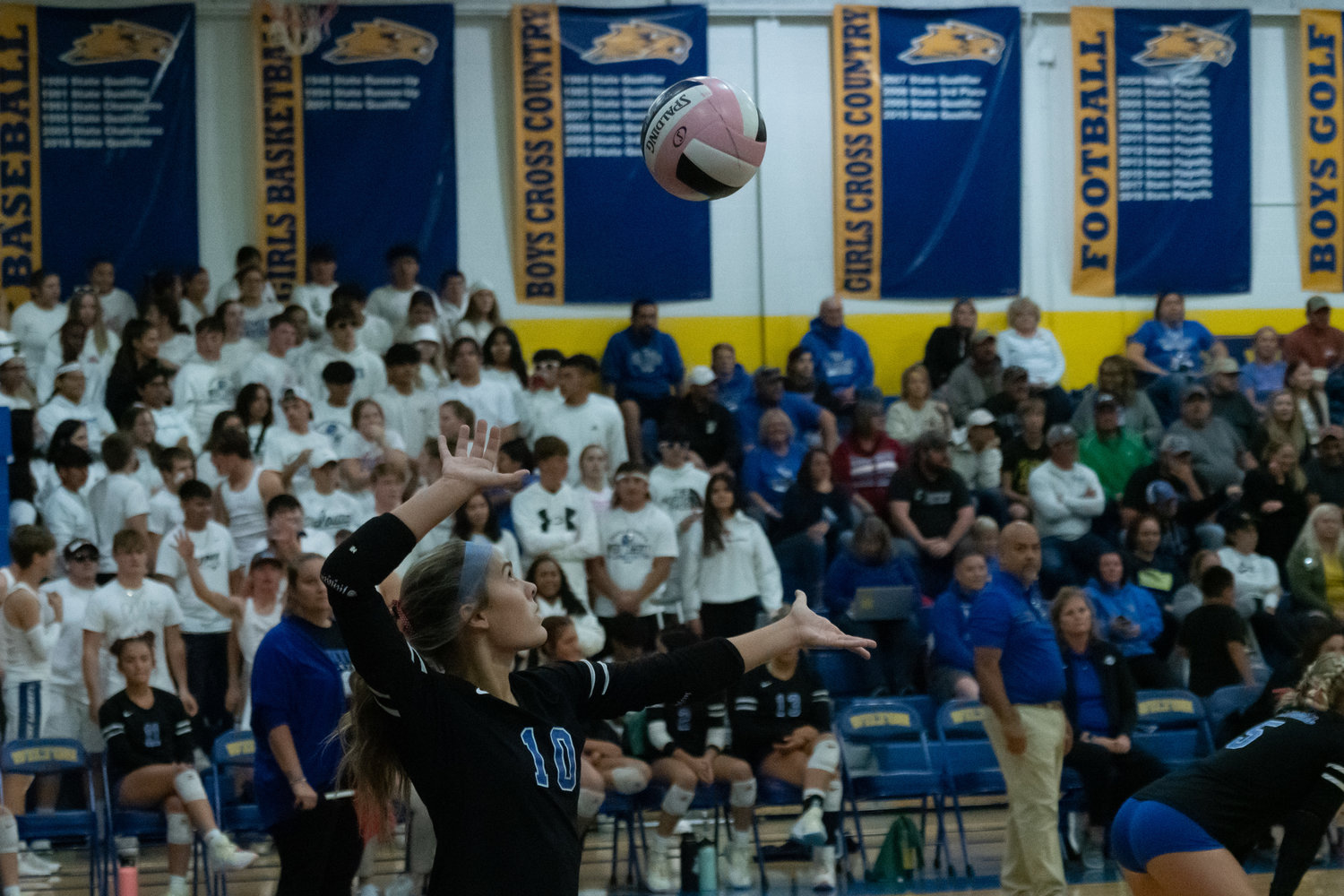 Brooklyn Buysse serves the volleyball against Wilton last week.