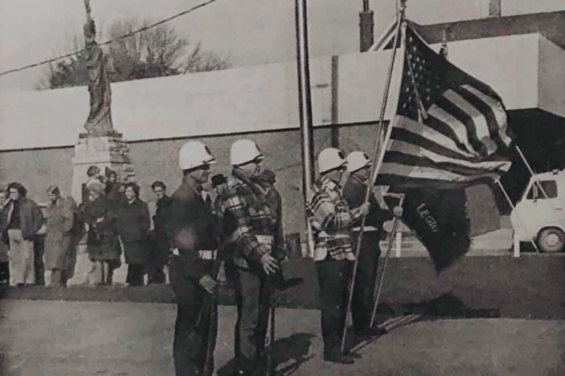Left to right are Amos Morrison, Otto Nealson, Verland Olsen and Barney Maurer at the 1973 Veterans Day ceremony in West Liberty.