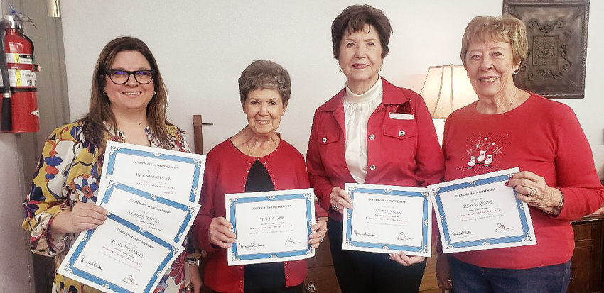 Membership Milestone Certificates were presented from right to left: Judy Warner, 35 years; Pat Johnson, 40 years; Myrna Orr, 35 years; President Sheila Winton is pictured holding the 3 certificates for Brenda Guess, 10 years; Louise Bailey, 45 years; and Mary McDaniel, 60 years