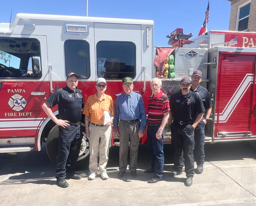 Class of 1956 Alumni Dick Dunham, Gene James and Eldon Maxwell present the Pampa Fire Department with a generous donation.
