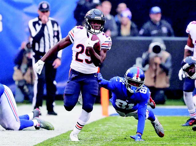 Chicago Bears’ player Tarik Cohen during a 2018 NFL game against the NY Giants.