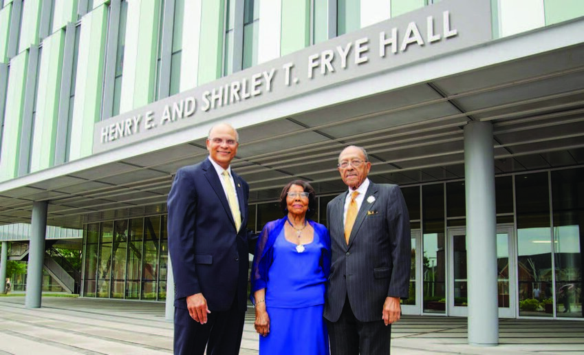 A&T Chancellor Harold L. Martin Sr. with distinguished alumni Shirley and Henry Frye in front of Henry E. and Shirley T. Frye Hall named in honor of the Fryes on the campus of N.C. A&T State University.