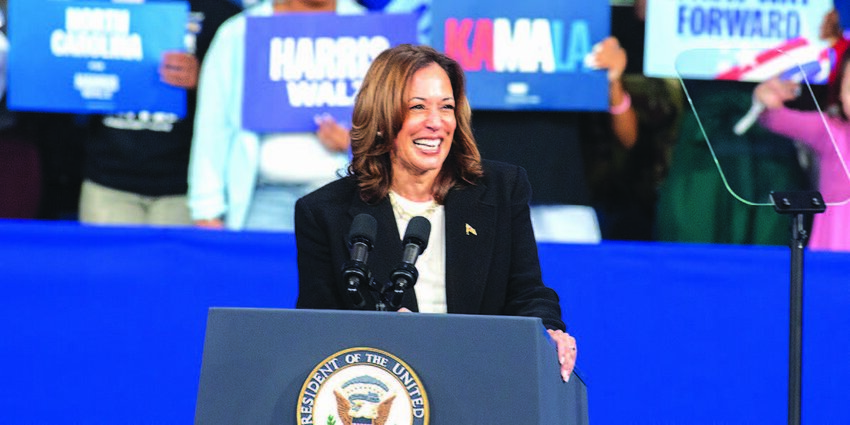 Vice President Kamala Harris speaks to more than 17,000 supporters during a campaign rally at the Greensboro Coliseum on Thursday, Sept. 12.