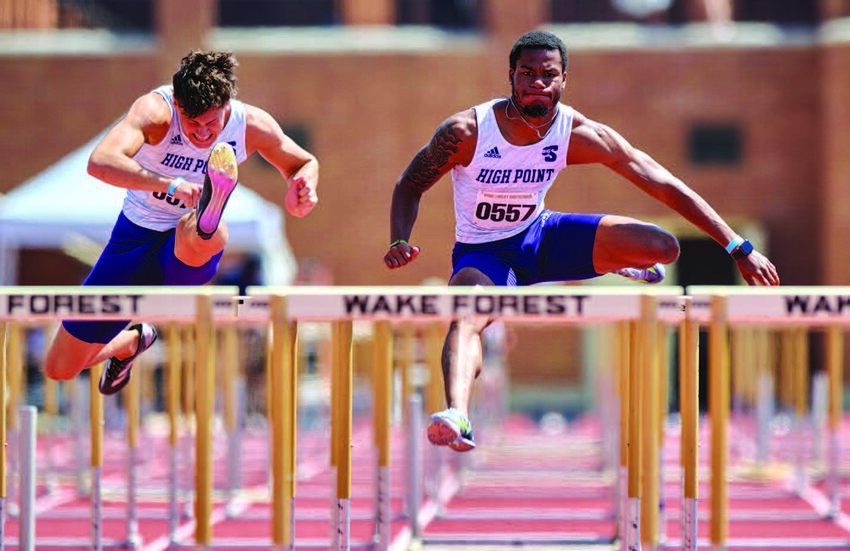 HPU freshman Dominiq Northington (right) edges out teammate Atonio Votour (sophomore) for first place in the Men’s 110 Meter Hurdles.