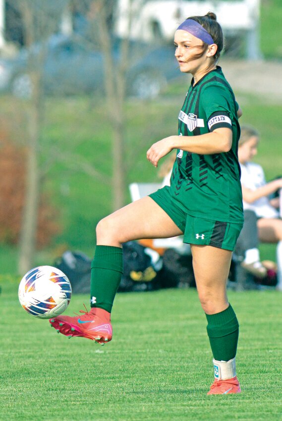 Perryville senior Caroline Gremaud controls the ball in the backfield during a game against Fredericktown on April 11. Gremaud proved difficult for Villa Duchesne in the Lady Pirates’ 4-2 loss on April 15, drawing praise from the Saints coaching staff.