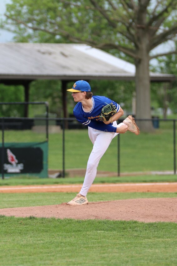 St. Vincent senior starter Jake Seabaugh delivers a pitch against Jefferson on May 1. The Bluejays rocked St. Vincent’s pitchers, collecting 8 runs on 8 hits in the game.