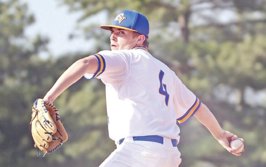 St. Vincent sophomore pitcher Andrew Schumer delivers a pitch in a game against Chester earlier this season. Schumer earned the victory in relief as the Indians topped Meadow Heights 6-4 in the first round of the Class 2, District 3 tournament on May 16 and 17.