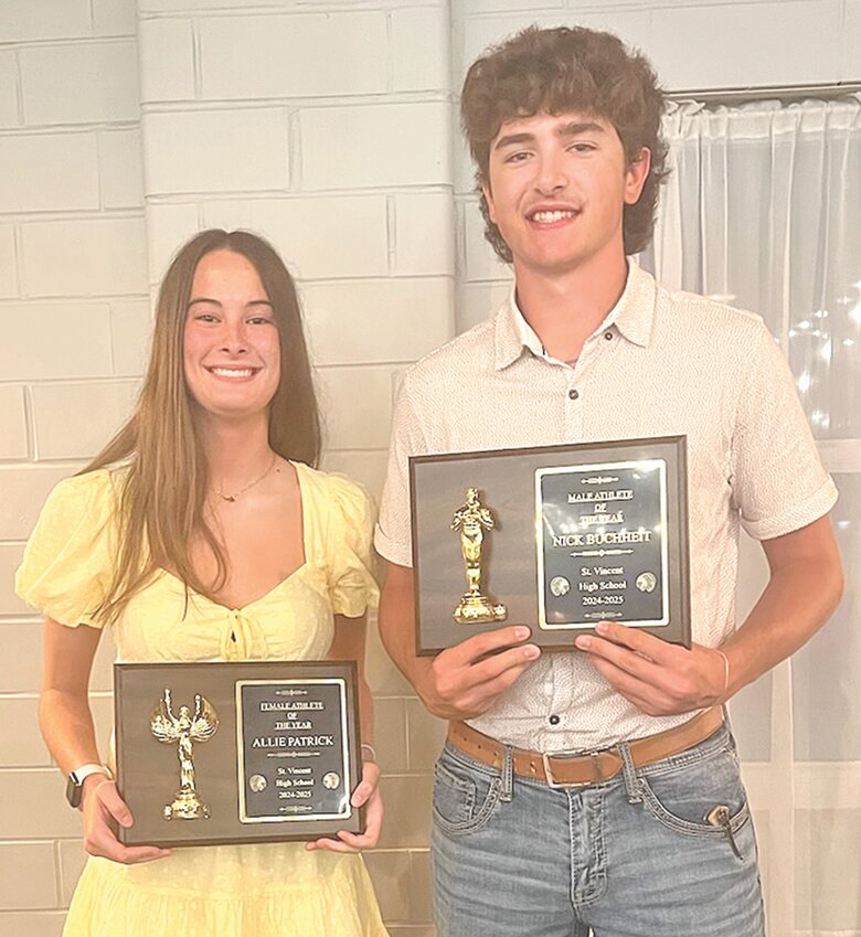 St. Vincent seniors Allie Patrick (left) and Nick Buchheit were named Athletes of the Year at the school’s athletics banquet on May 15.