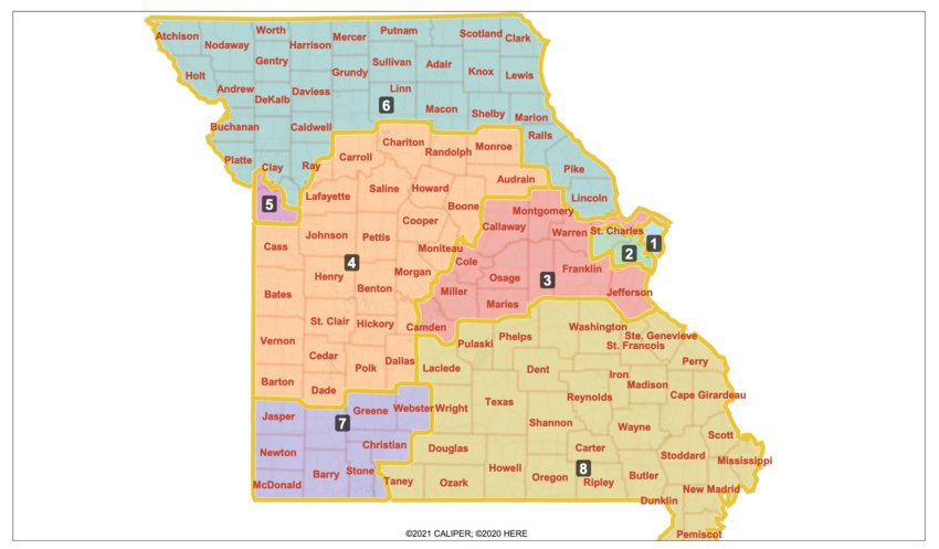 This statewide map of Missouri, filed Dec. 20 as House Bill No. 2117, shows where the eight congressional districts are likely when action is taken. The bill needs the signature of the Missouri governor. Both the congressional and state legislative districts are redrawn every 10 years by a special commission.