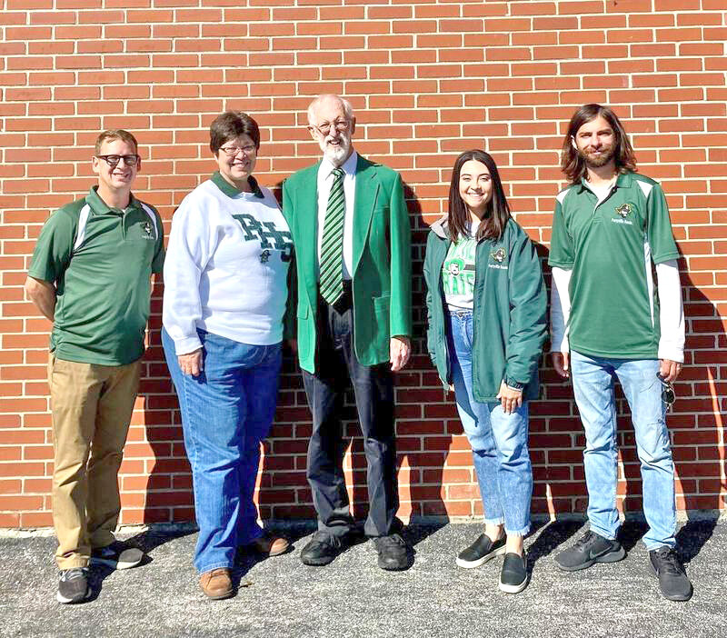 Eric Seibel (center) stands with members of the PHS Music Department at the 2022 PHS Homecoming. Pictured (from left) are Jerry Childers, Janet Seibel, Eric Seibel, Taylor Davis, and David Barani.