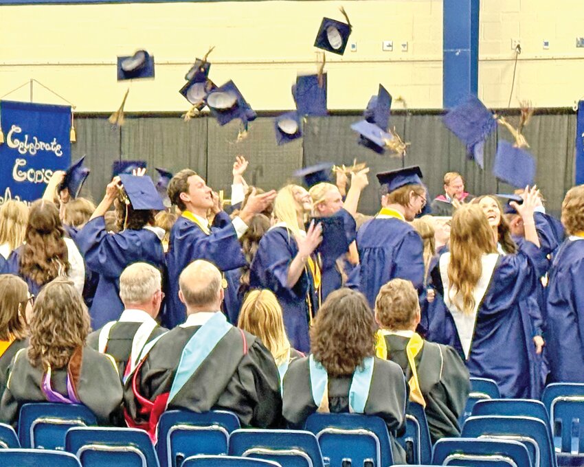 After receiving their diplomas the Saxony High School 2025 graduates toss their caps in the air to express their excitement in reaching their goal.