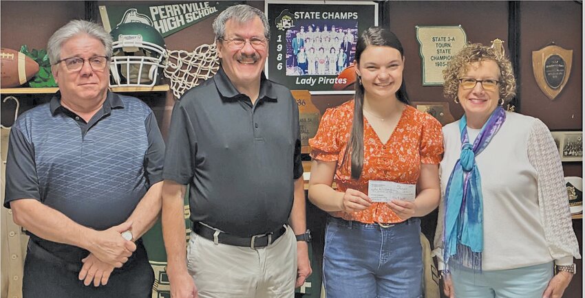 Kathy (Richardet) Ploeger, SVHS scholarship recipient Eli Abernathy, Jeff Richardet, and Steve Richardet.