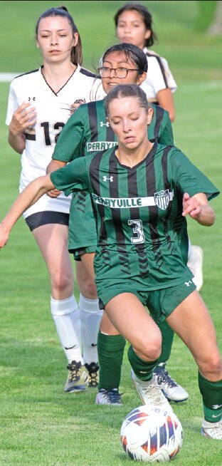 Perryville’s Ava Ernst (3) moves the ball down the pitch a game against Fredericktown on April 9. Ernst was named to the Class 2, District 1 All-District first team.