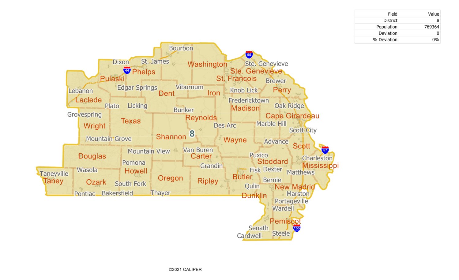 In this proposed congressional map, Perry County is part of the 30-plus counties in southeast and western Missouri in the eighth congressional district. It was submitted jointly by the Missouri House Special Committee on Redistricting and Senate Select Committee on Redistricting.