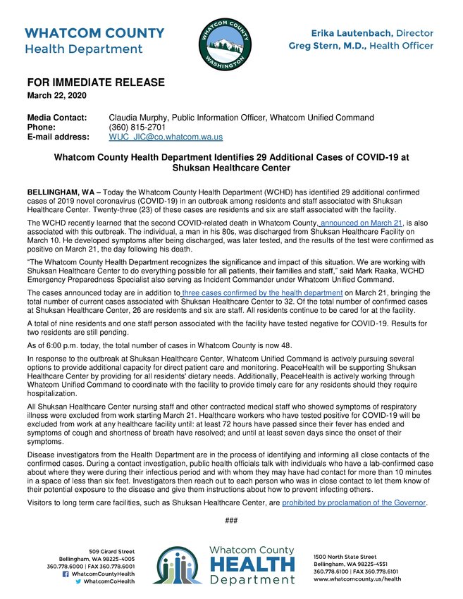 March 22 Whatcom County Health Department press release