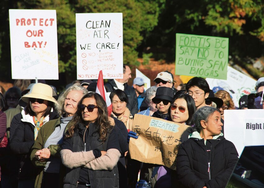 Hundreds of concerned Canadian and U.S. residents crowded under the Peace Arch on October 29, 2023 to voice their opposition to an Andion Global Inc. biofuel facility proposed on Semiahmoo First Nation lands, about a half-mile north of the Peace Arch border crossing.