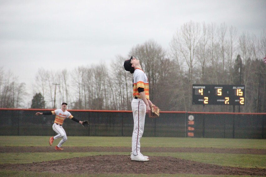 Blaine pitcher Brady Dohner looks up to the sky in the final inning of  the Borderite’s 15-4 win over University Prep on March 11. Dohner pitched three innings in relief, striking out four batters.