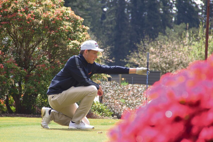 Cameron Saunders analyzes the fairway before his drive on the first hole at Bellingham Golf and Country Club on April 16.