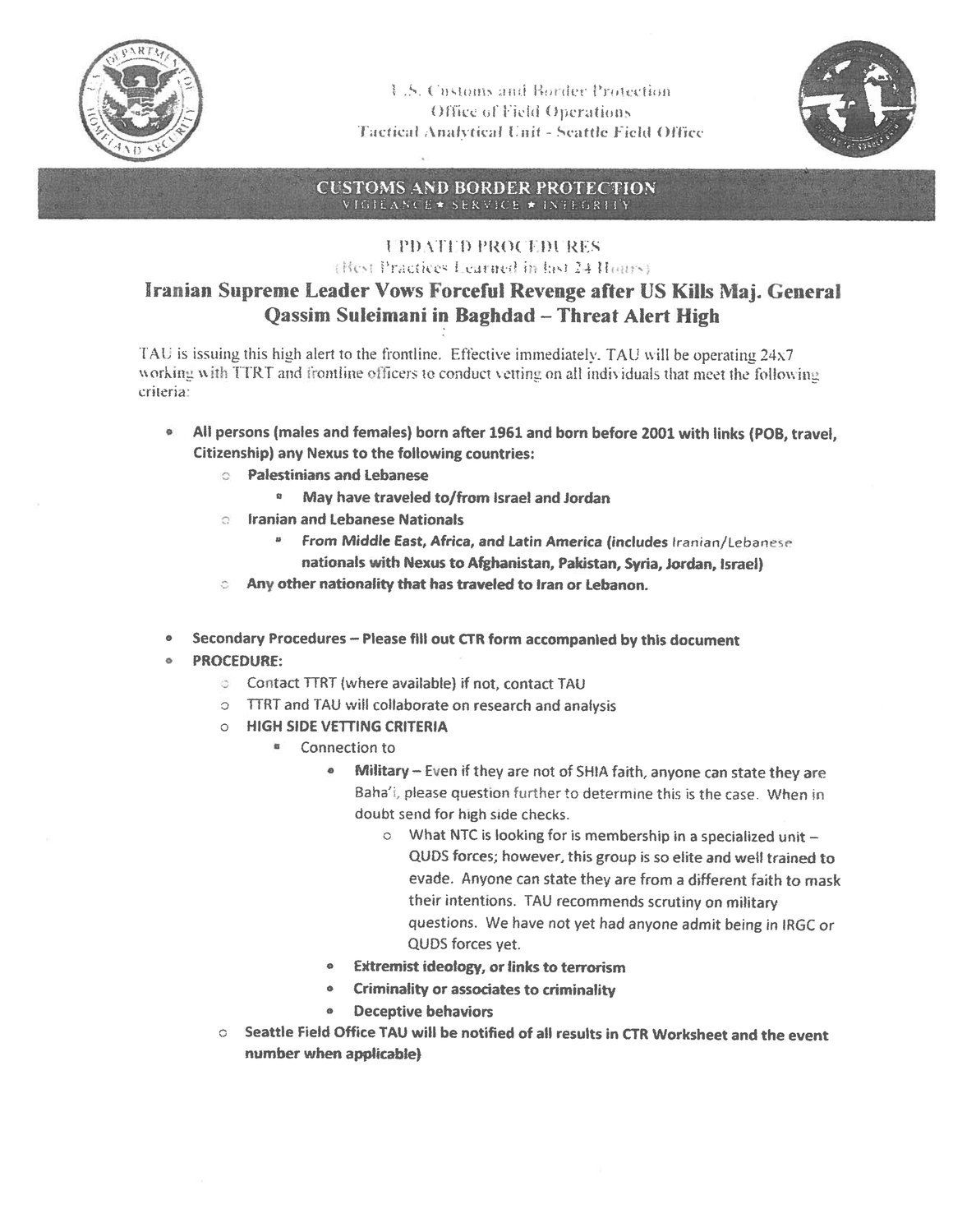 The CBP bulletin that instructed U.S. border agents to detain travelers who were born in Iran or met certain other criteria. The full document can be read online at thenorthernlight.com.