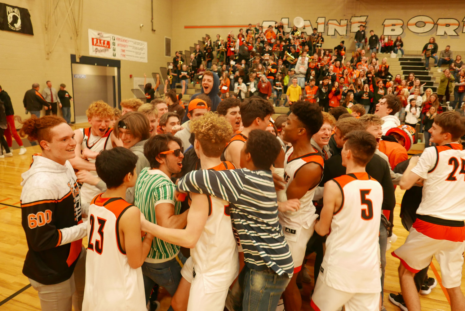 The Borderites celebrate after beating Sehome 65–53 at home on February 13.