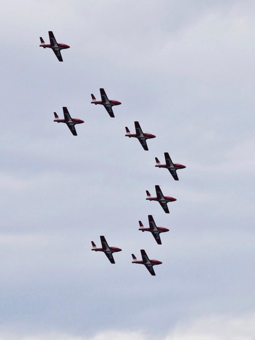The Royal Canadian Air Force airshow team, also known as the Canadian Snowbirds, flew over Boundary Bay hospitals to display support for healthcare workers. The planes flew at about 1,000 feet.