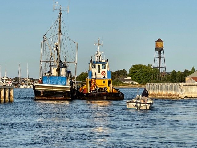 The Bligh Island being towed from Blaine Harbor on July 13.