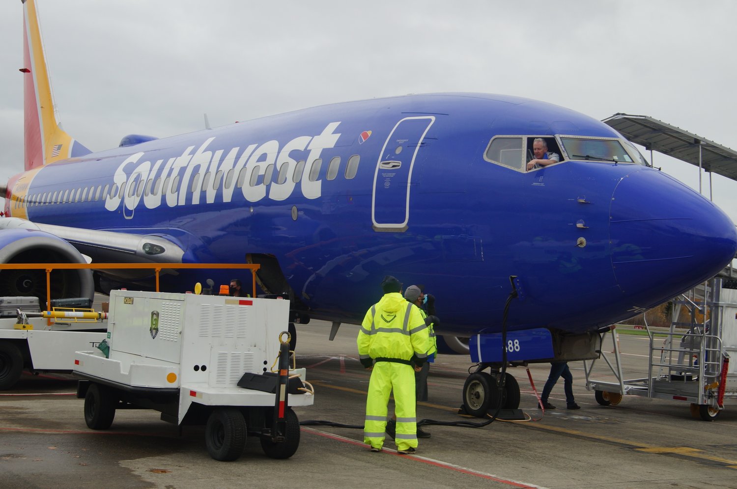 Southwest Airlines officials, Port of Bellingham commissioners and Bellingham mayor Seth Fleetwood celebrated the international airline’s first flight into Bellingham International Airport on November 7, 2021. Arriving passengers were met with a water cannon and terminal festivities.
