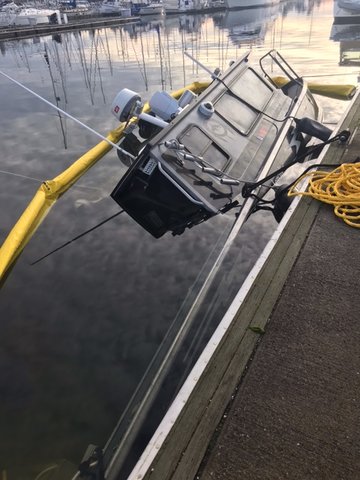 A Tulalip Tribal Police Department boat partially sunk at gate 2 in Blaine Harbor around 1:45 a.m. November 21. Blaine 
harbormaster Andy Peterson said he doesn’t know what caused the aluminum boat to sink but said it has since been hauled out of the
water and no oil contamination was found.