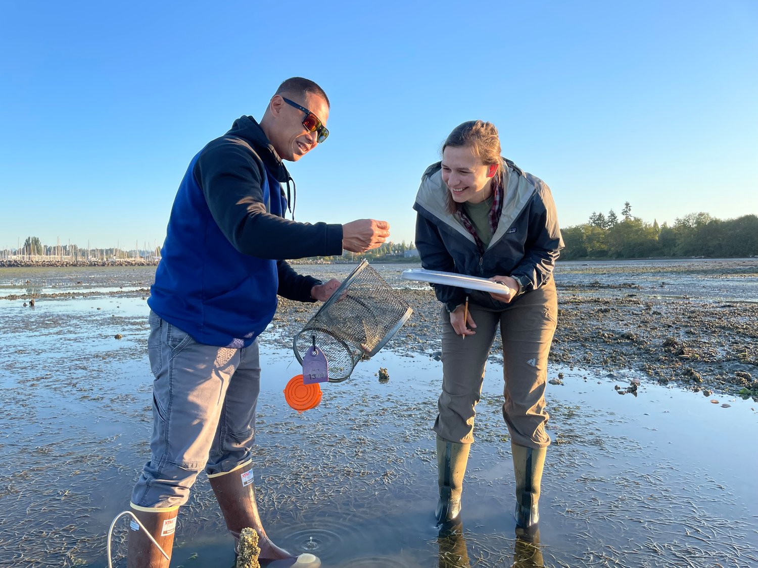 Northwest Straits Commission's Jonathan Hallenbeck, l., and Leah Robison checking a minnow trap in Drayton Harbor.