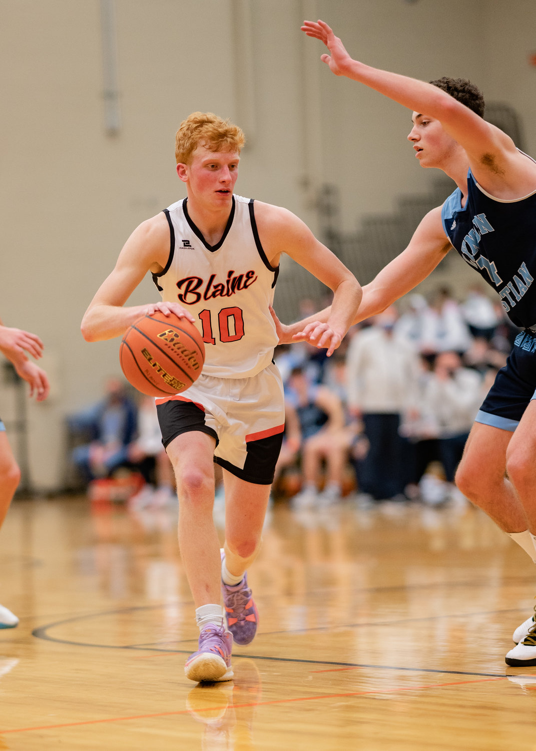 Cole Thomas drives toward the hoop in Blaine’s game against Lynden Christian Monday.