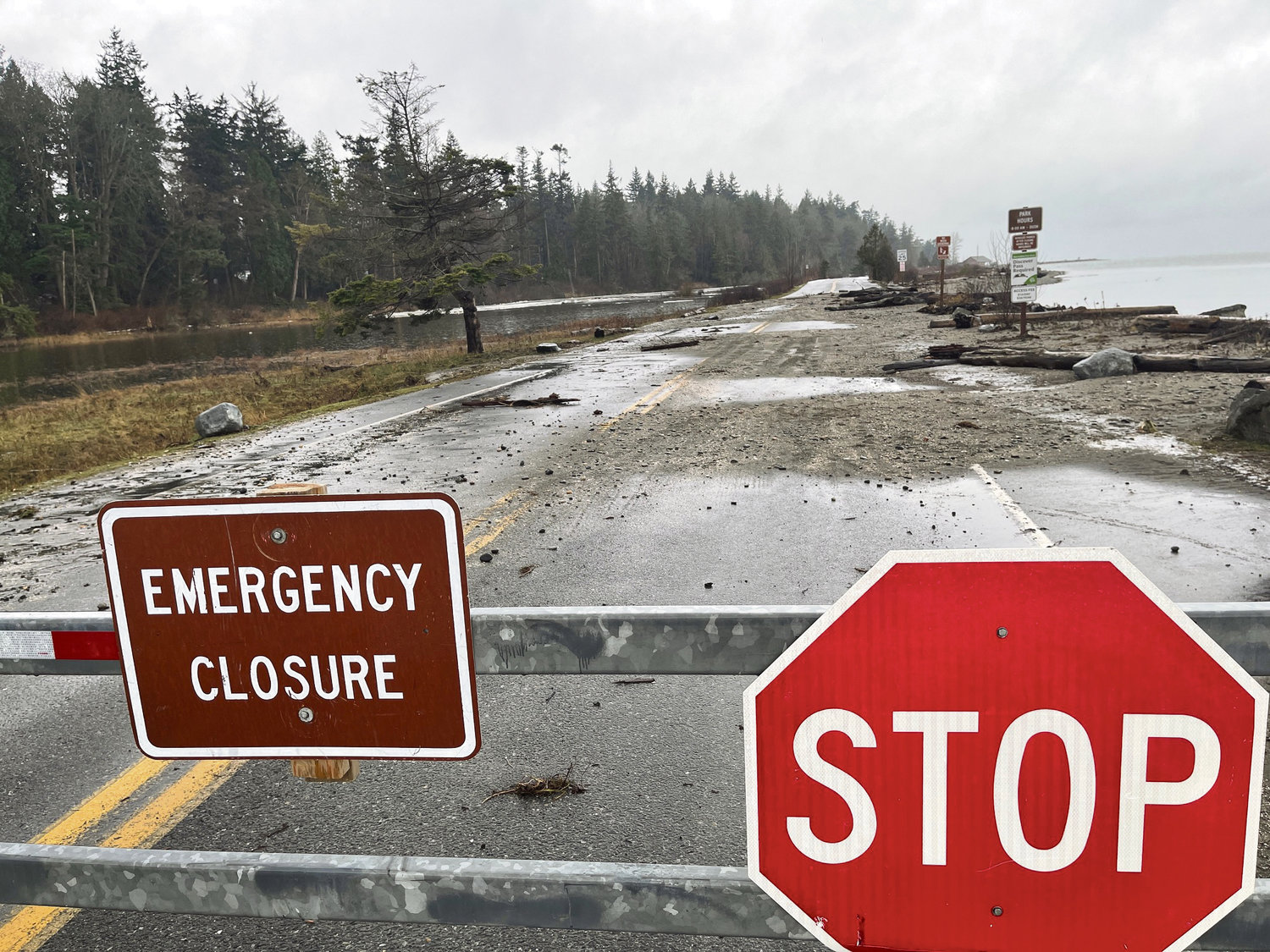 Storm debris and erosion forced Birch Bay Drive to close through Birch Bay State Park.