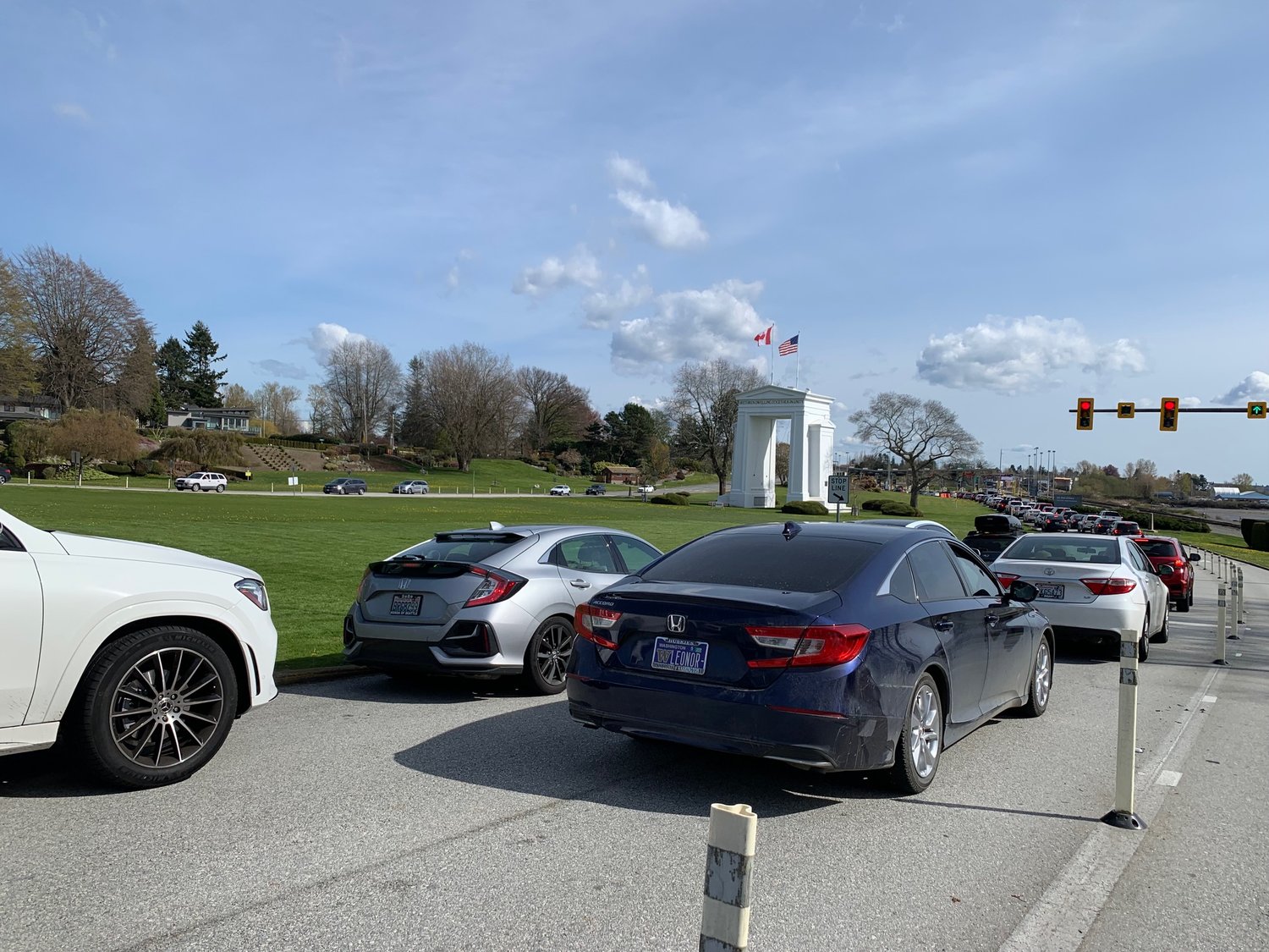 Traffic backed up at Peace Arch border crossing in Blaine on April 15 as travelers headed south for Easter weekend.