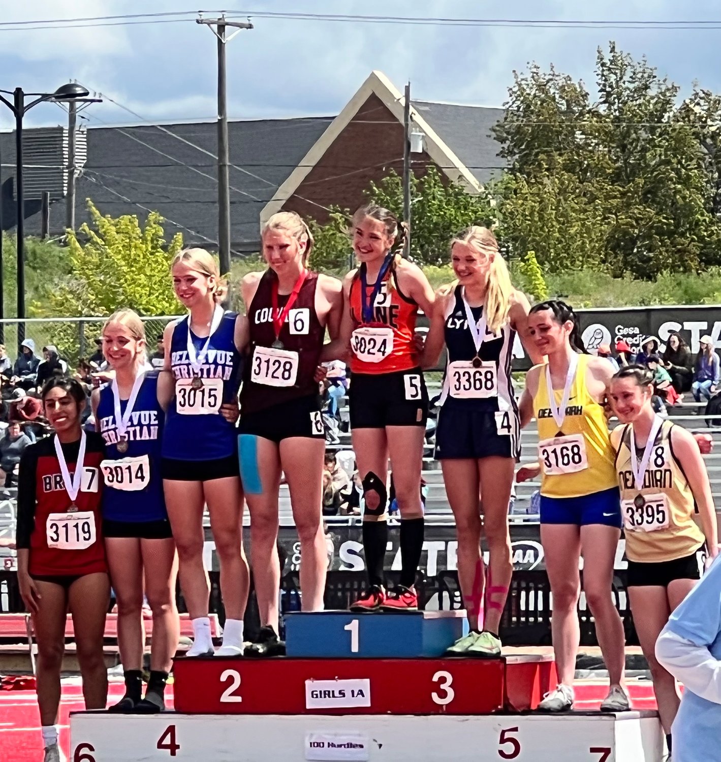 Blaine senior Eleeshiyah Faulkner on the top step of the womens 1A 100-meter hurdles state championship podium May 28 at Eastern Washington University. She also placed second in the 300-meter hurdles.
