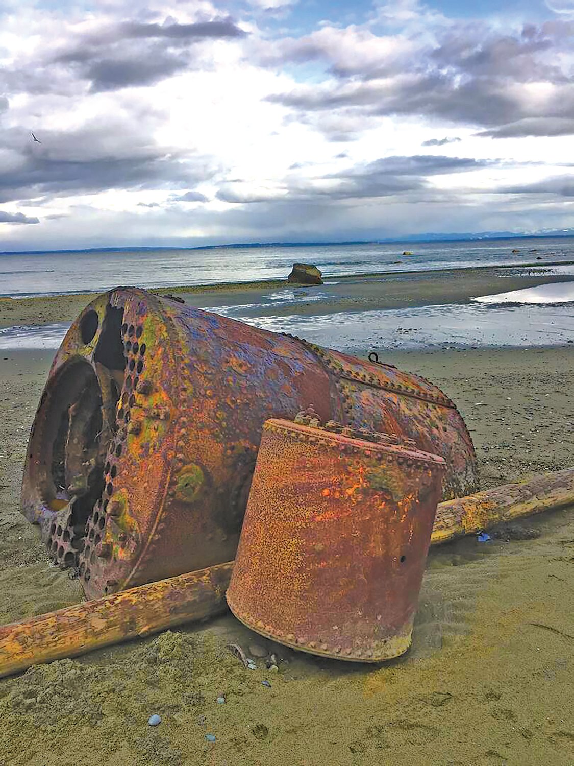 Goodfellow’s big boiler still lays on the beach where he left it.