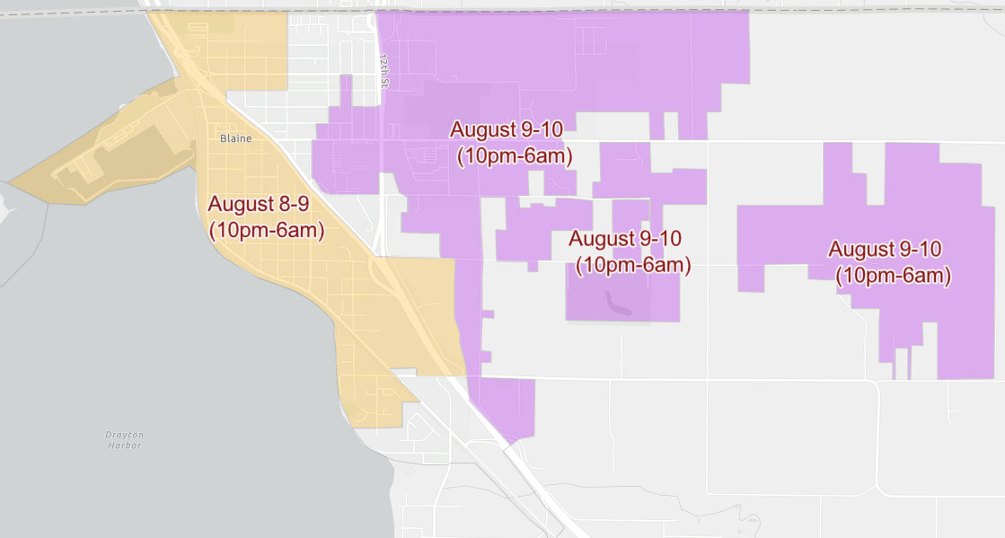 Blaine Public Works Department scheduled overnight power outages from 10 p.m. to 6 a.m. on Monday, August 8 and Tuesday, August 9. The outage will impact different areas each night and not affect Semiahmoo or Puget Sound Energy customers. The map can be viewed online at bit.ly/3zDKGB8.