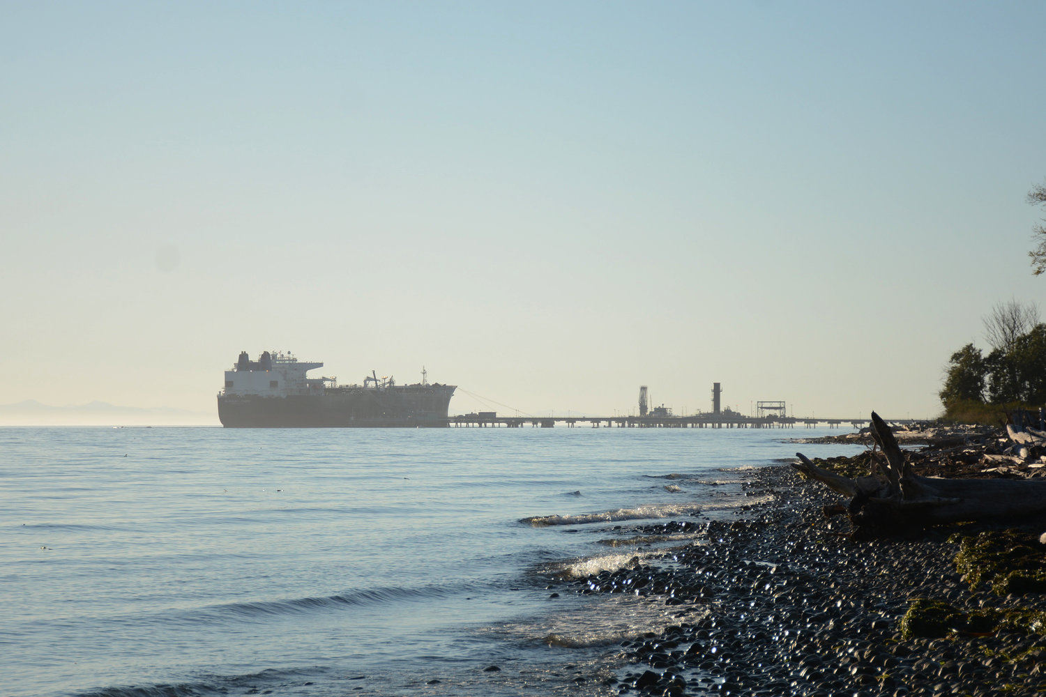 A vessel moored at the south wing of BP’s Cherry Point dock as seen from the beach along Gulf Road on September 20, 2022.