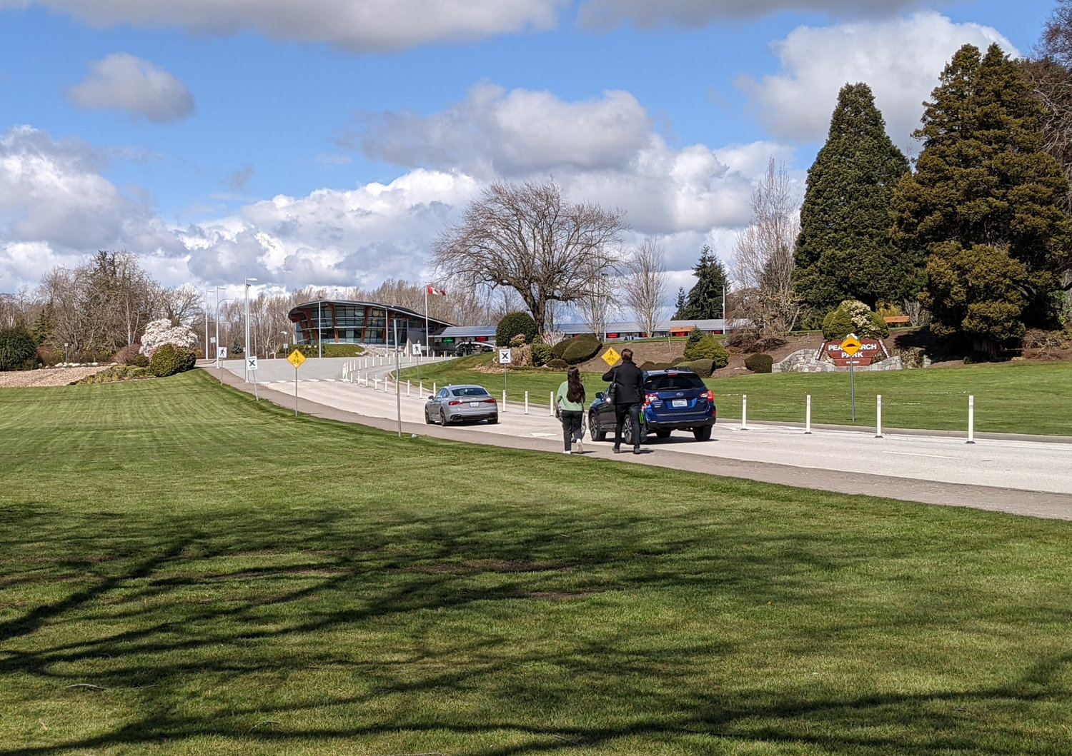 Cars travel toward Canada at the Peace Arch border crossing.
