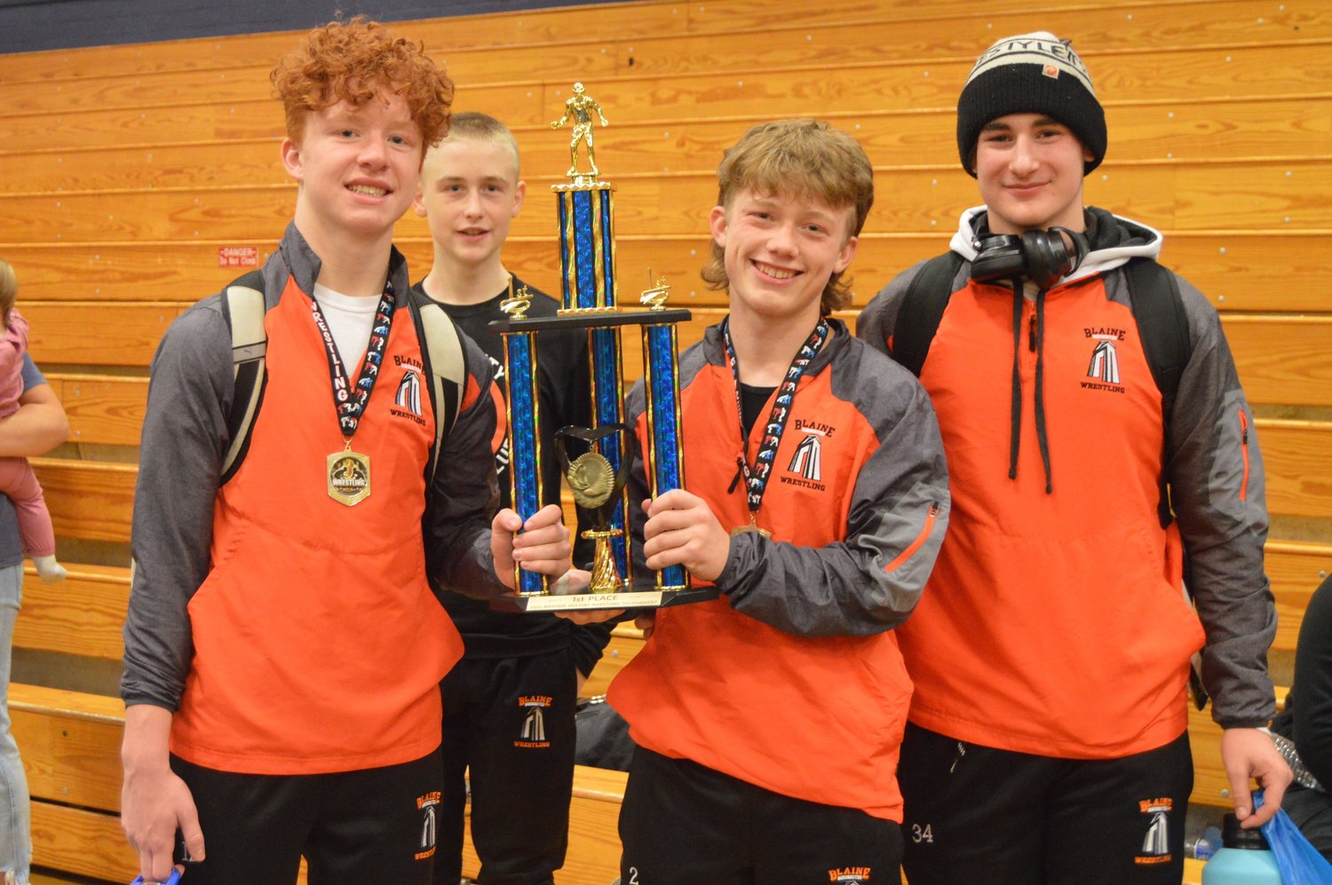 Blaine boys wrestling won the team competition at the Mariner Holiday wrestling tournament December 3 in Everett, finishing with 195 points. Four wrestlers won their respective weight classes. From l.; Thomas Cox, Hugo Vekved, Cael Button and Jackson Veals.