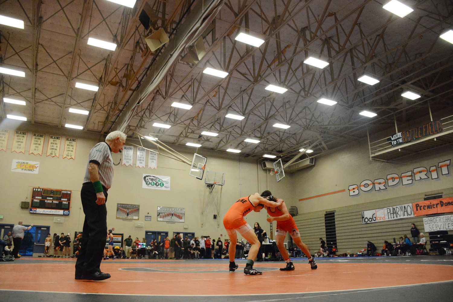 Students wrestling during the Battle at the Border tournament in Blaine on December 9.