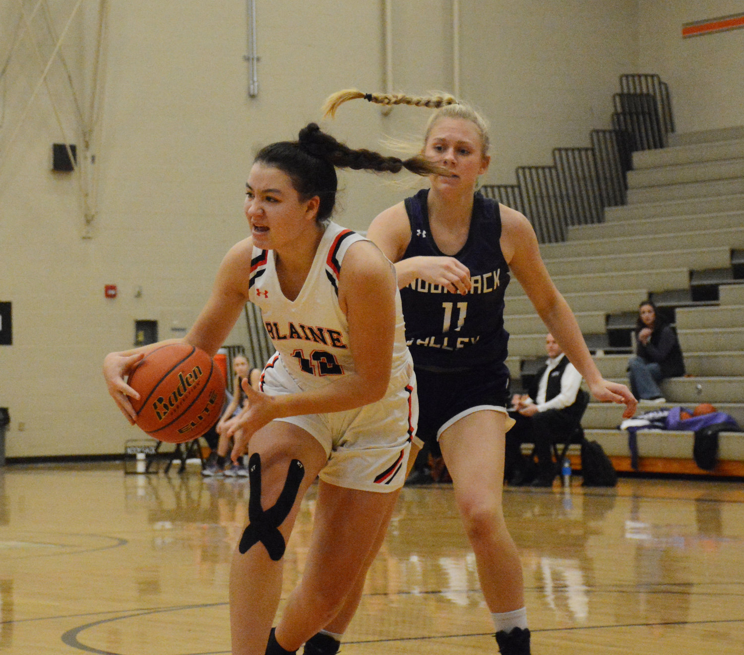 Aaliyah Bowman with the ball in the Lady Borderites’ 84-30 loss to Nooksack Valley in the Blaine High School gymnasium on January 2.