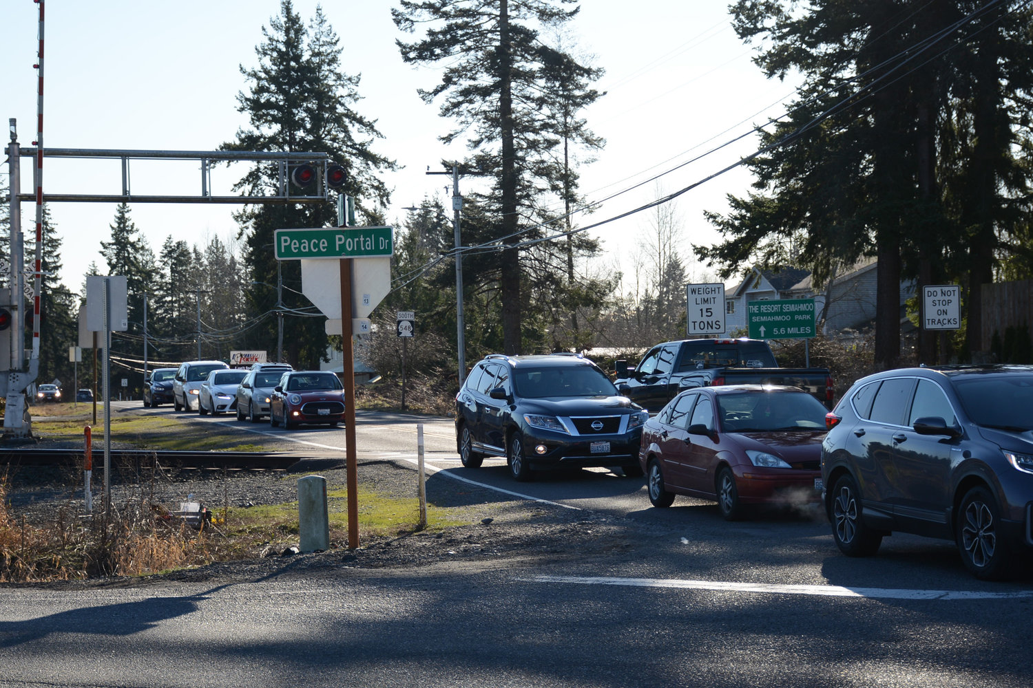 Cars in line at the Bell Road and Peace Portal Drive intersection in January 2021.