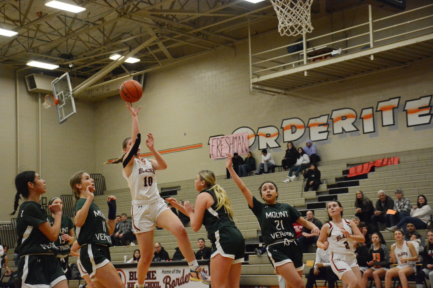 Jordyn Vezzetti takes a running jump shot in Blaine’s 63-40 loss to Mount Vernon January 23.