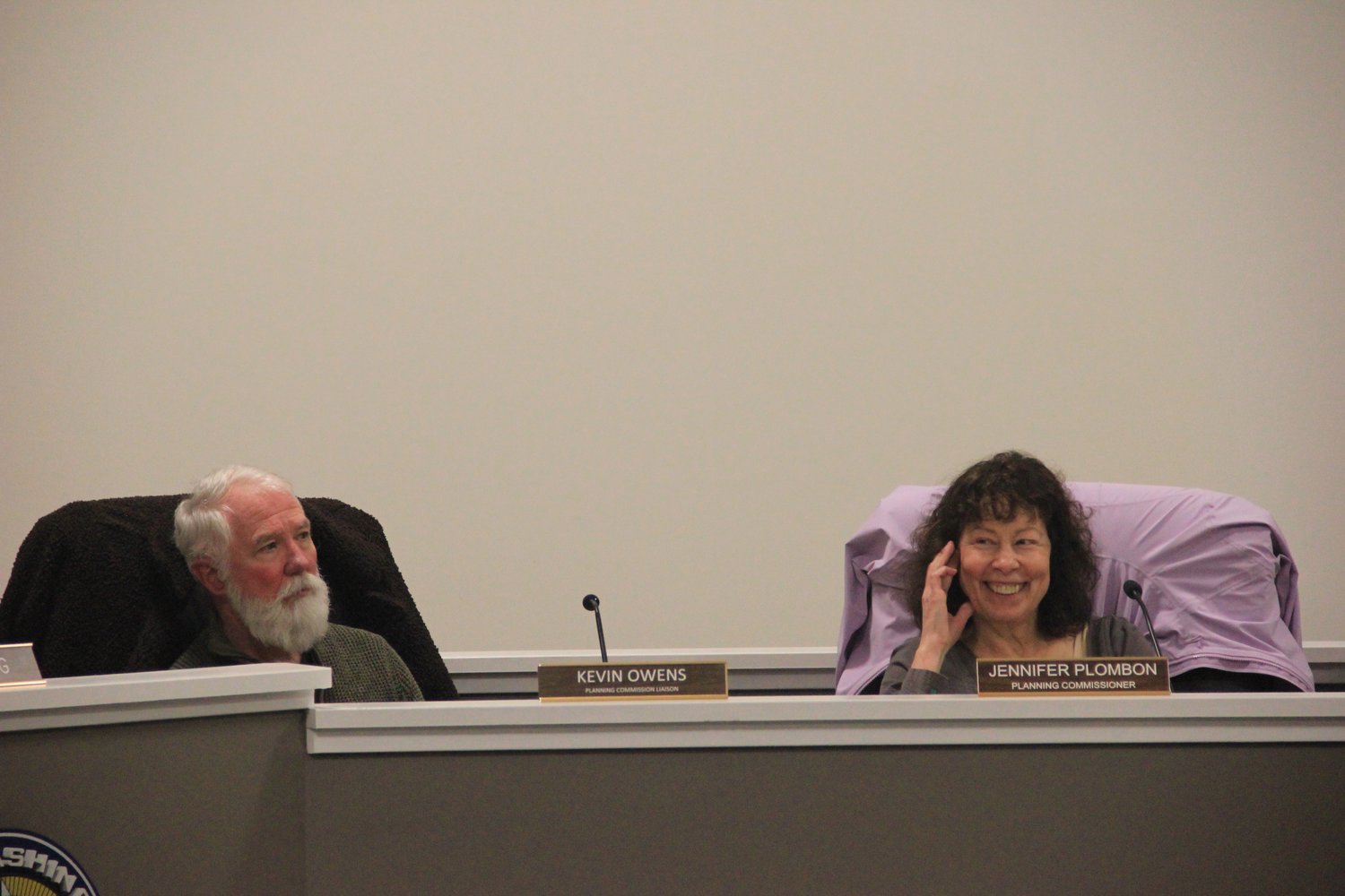 Commissioners Kevin Owens and Jennifer Plombon during the February 9 planning commission meeting.