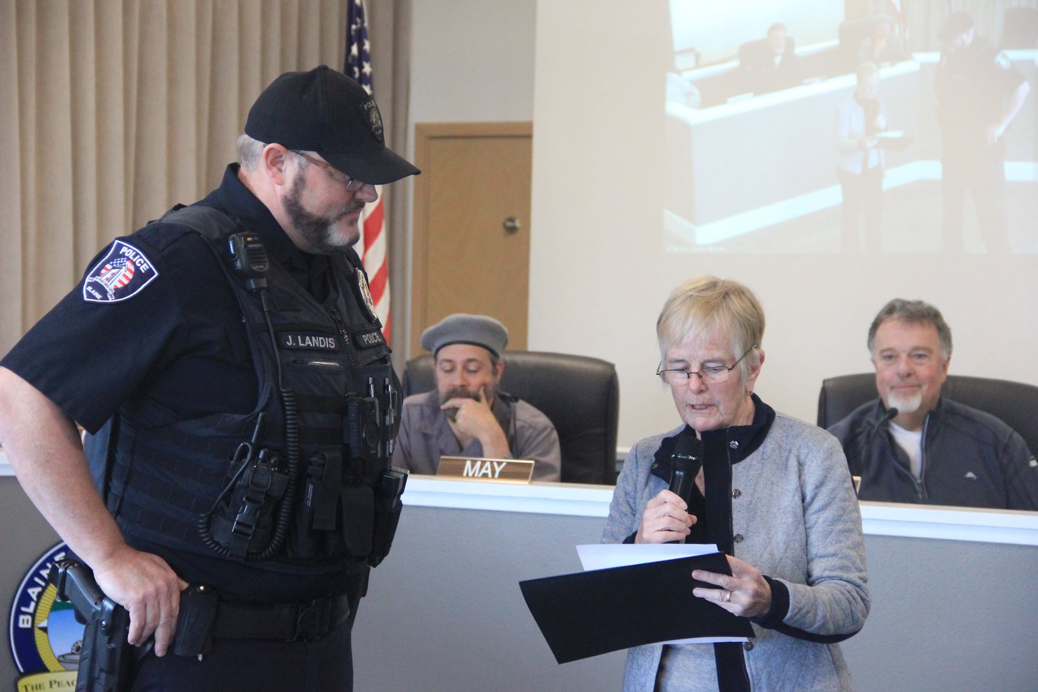 Mayor Mary Lou Steward presented Blaine Police Department officer Jon Landis with a certification of appreciation during the March 13 city council meeting. The recognition came ahead of Landis’ retirement on Friday, March 31. Since 1995, Landis has served many capacities in the police department, including school resource officer, traffic safety officer, child abuse investigator and field training officer.